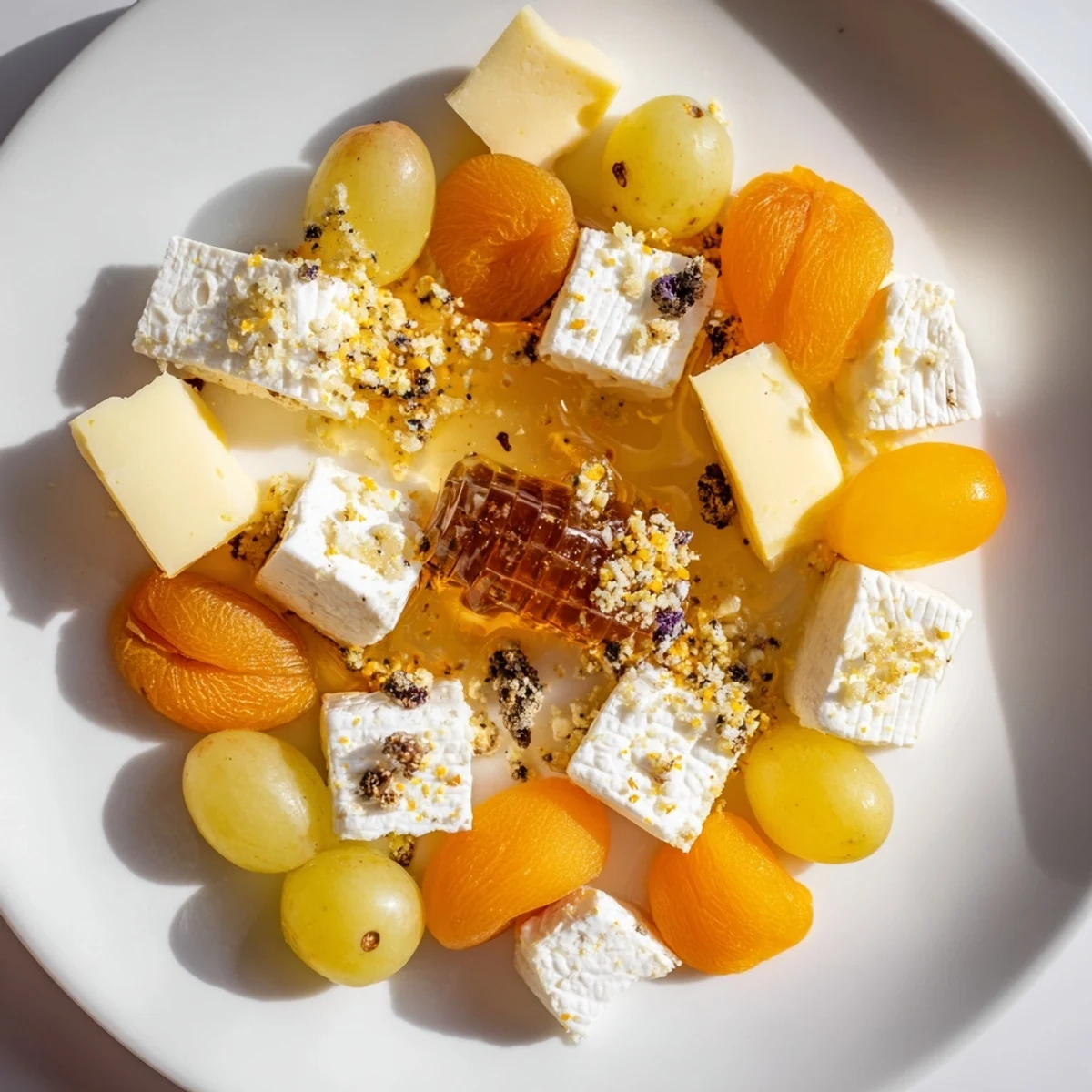 Aussagekräftige Nahaufnahme des Busy Bee Honeycomb Snack Plate mit Honig und Käse, ein süßer Genuss.