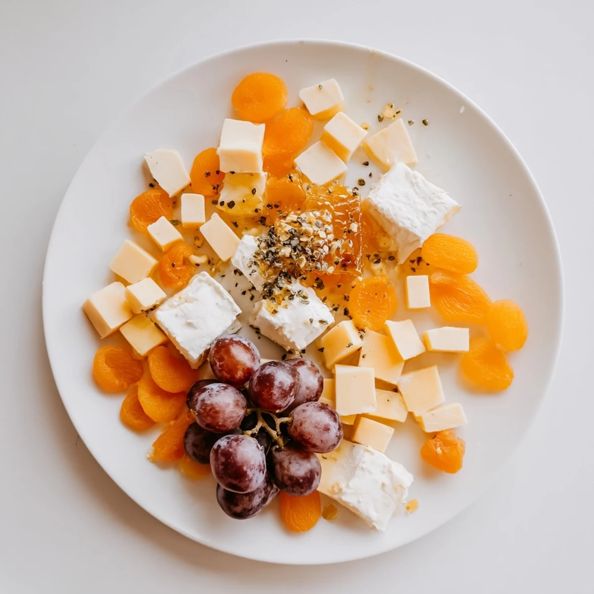 Einladende Nahaufnahme des Busy Bee Honeycomb Snack Plate, perfekt angerichtet mit Honig, leckerem Käse und Früchten.