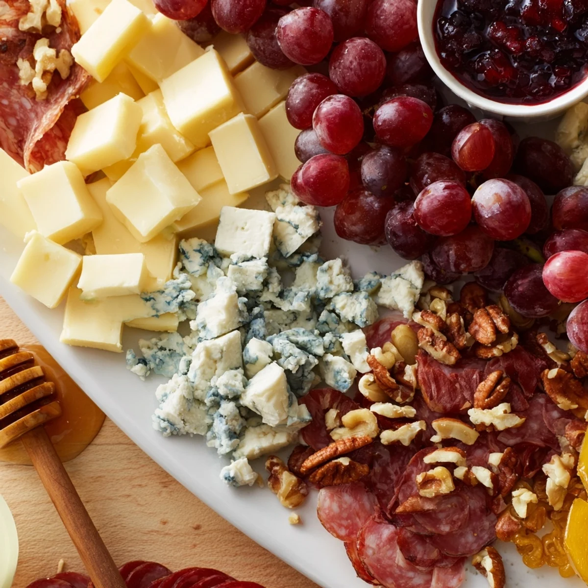 Elegant Christmas 2025 Festive Grazing Board piled high with cheeses, meats, and colorful fruits, visually stunning.