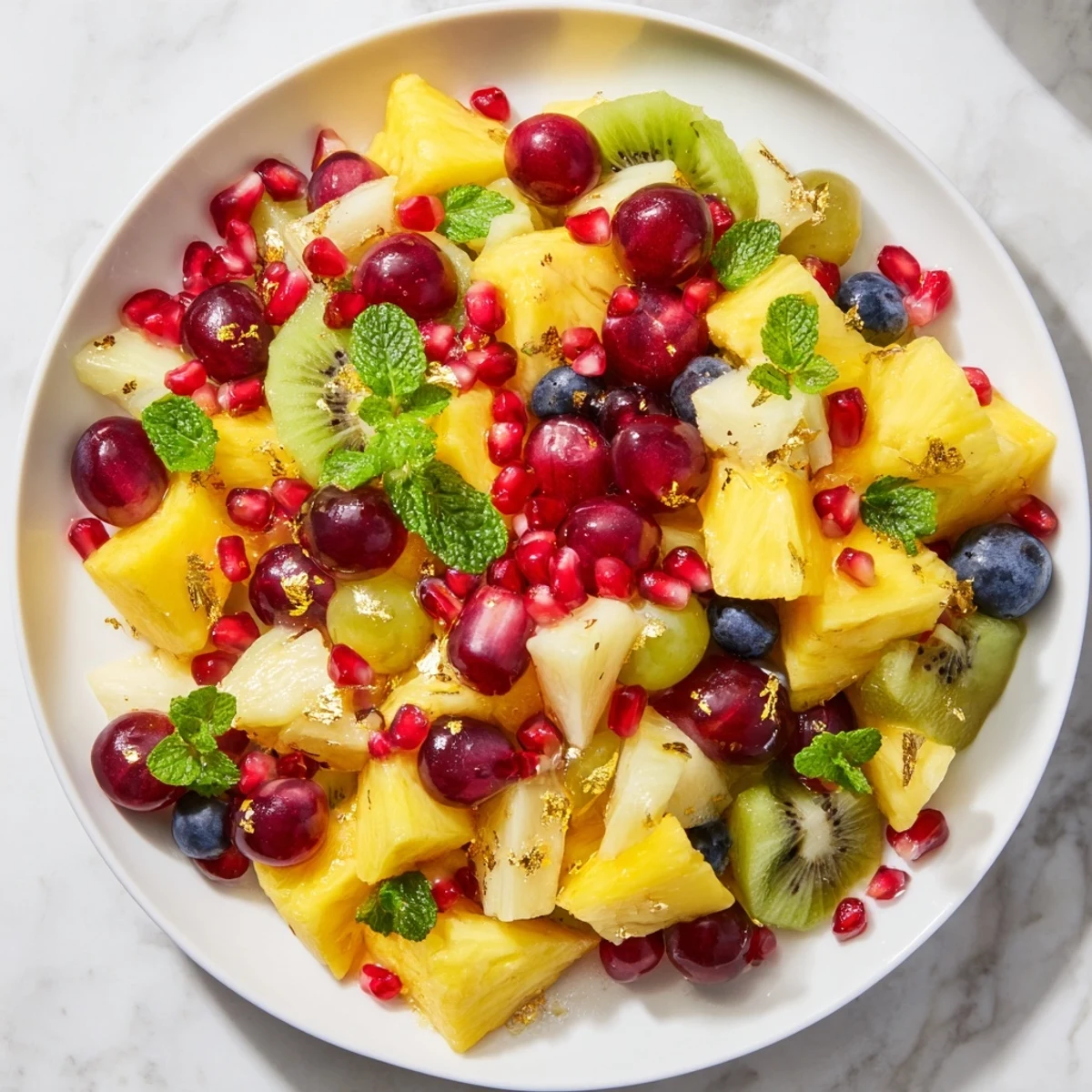 Festive Three Kings Royal Fruit Platter with mango slices, grapes, and a shiny honey-lime glaze.
