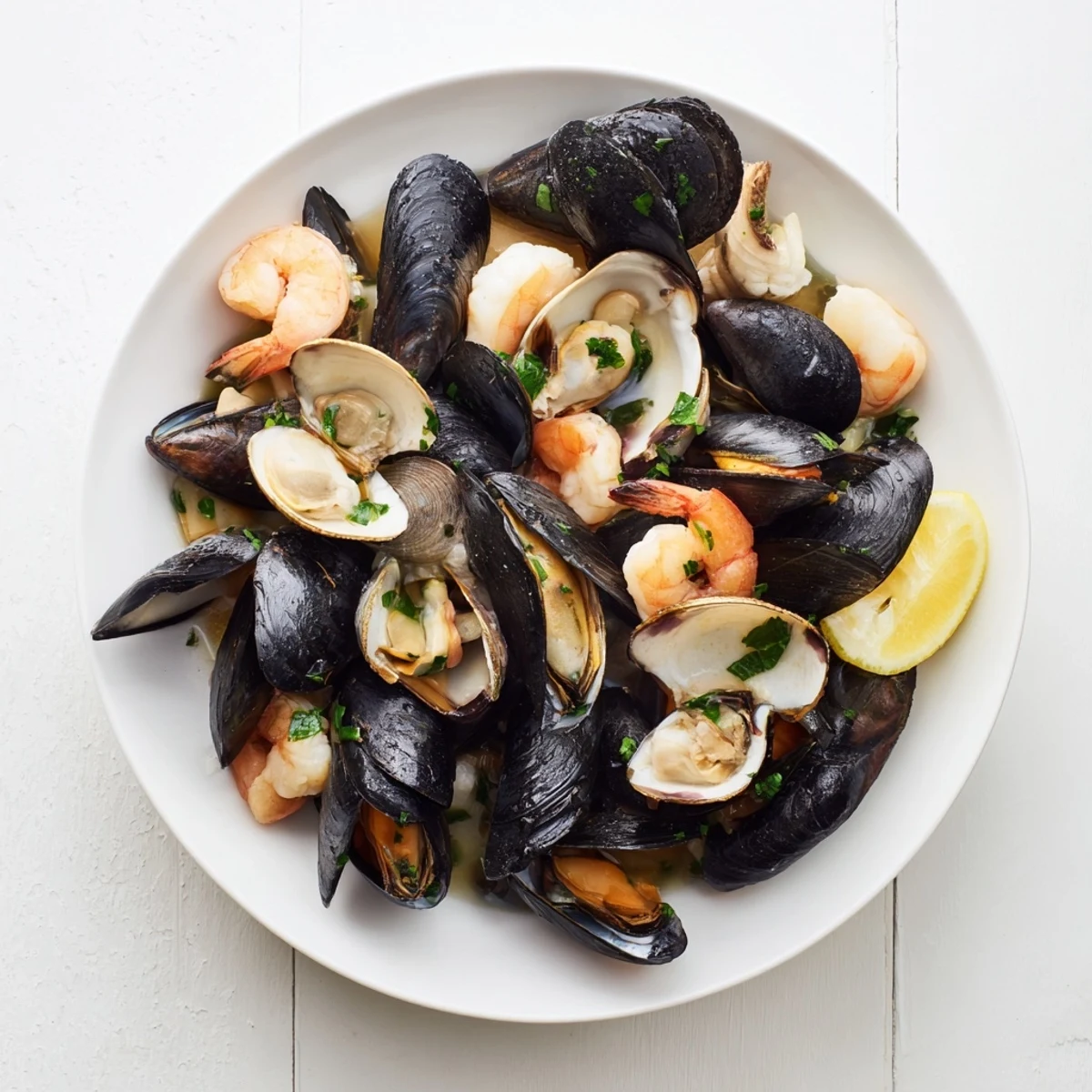 Saftige Shellfish & Seafood Medley, serviert mit frischen Kräutern und Zitrone, perfekt für eine Delikatesse.