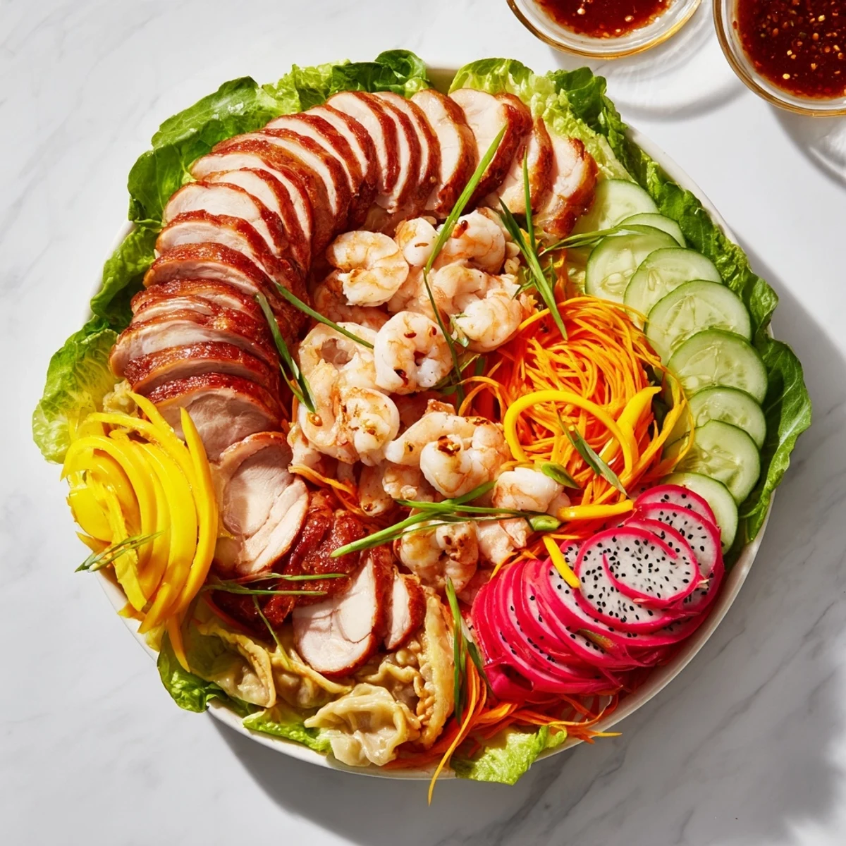 A vibrant Lunar New Year Dragon Platter features colorful ingredients artistically arranged for a festive appetizer.