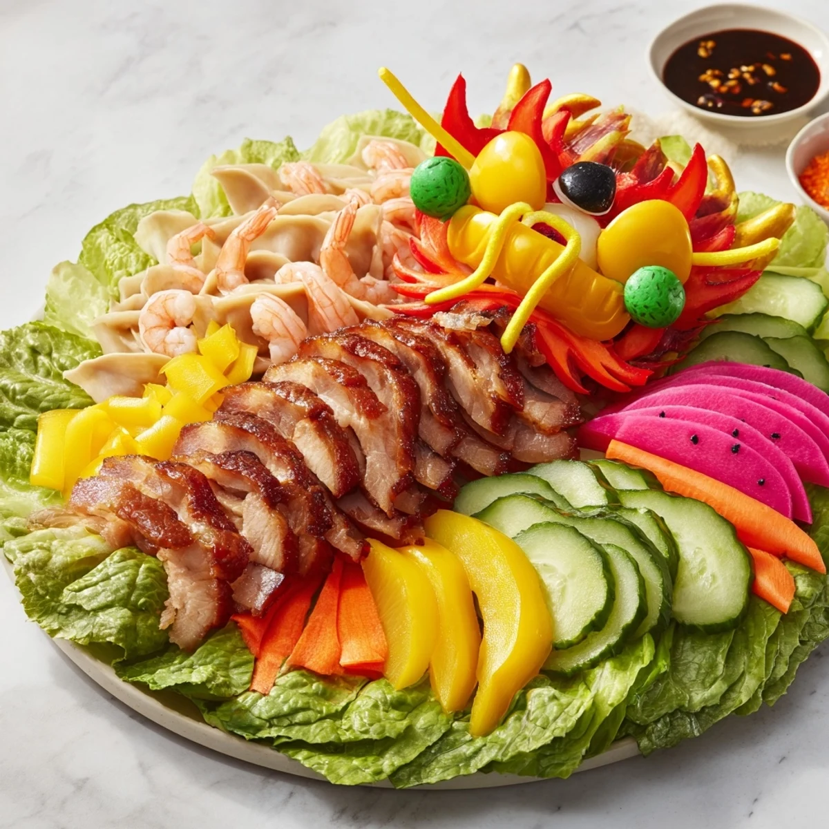 This detailed image shows a Lunar New Year Dragon Platter with fresh cilantro, shrimp, and dipping sauces ready.