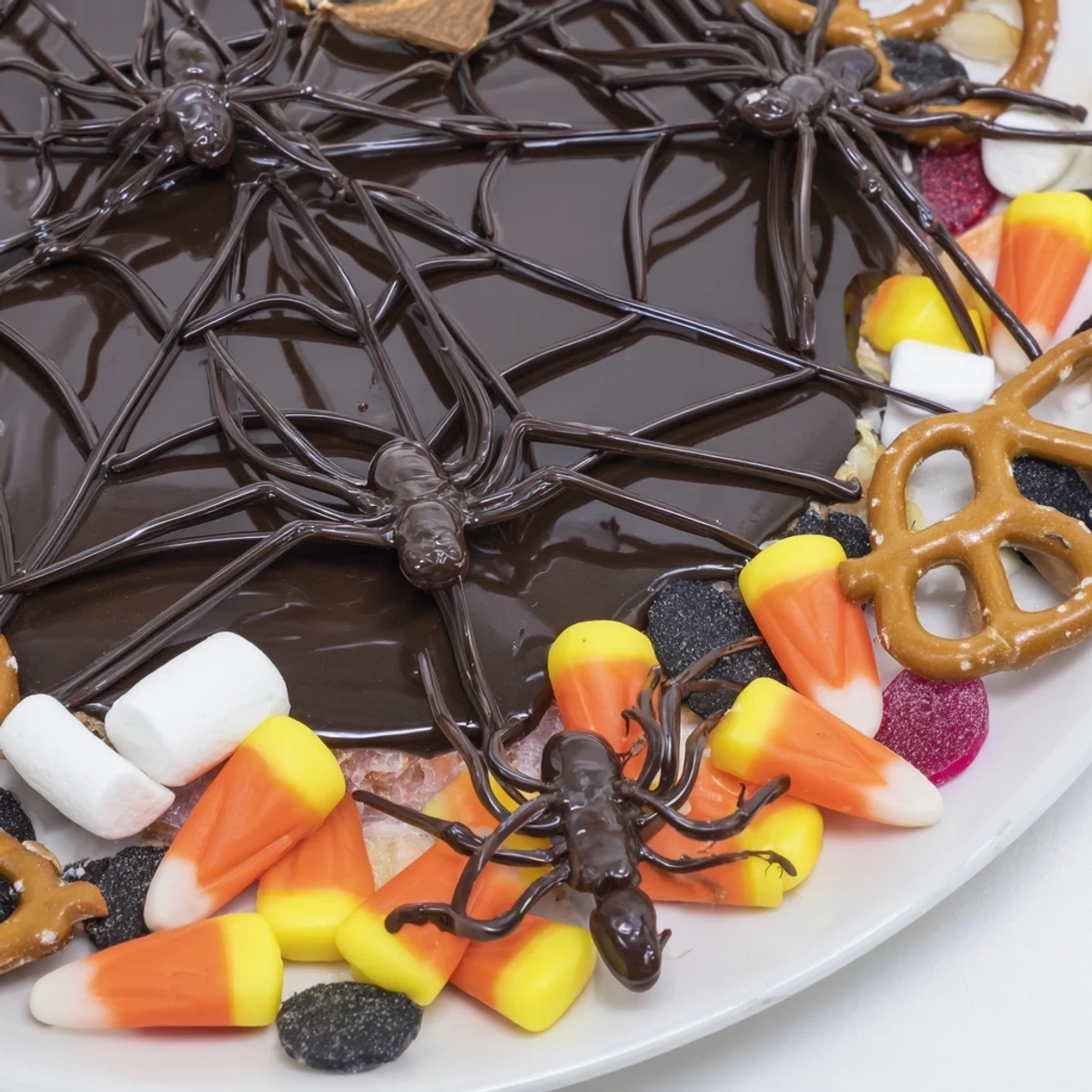 Schokoladen-Spinnennetz-Süßigkeiten-Platte mit bunten Süßigkeiten, perfekt für Halloween-Partys.