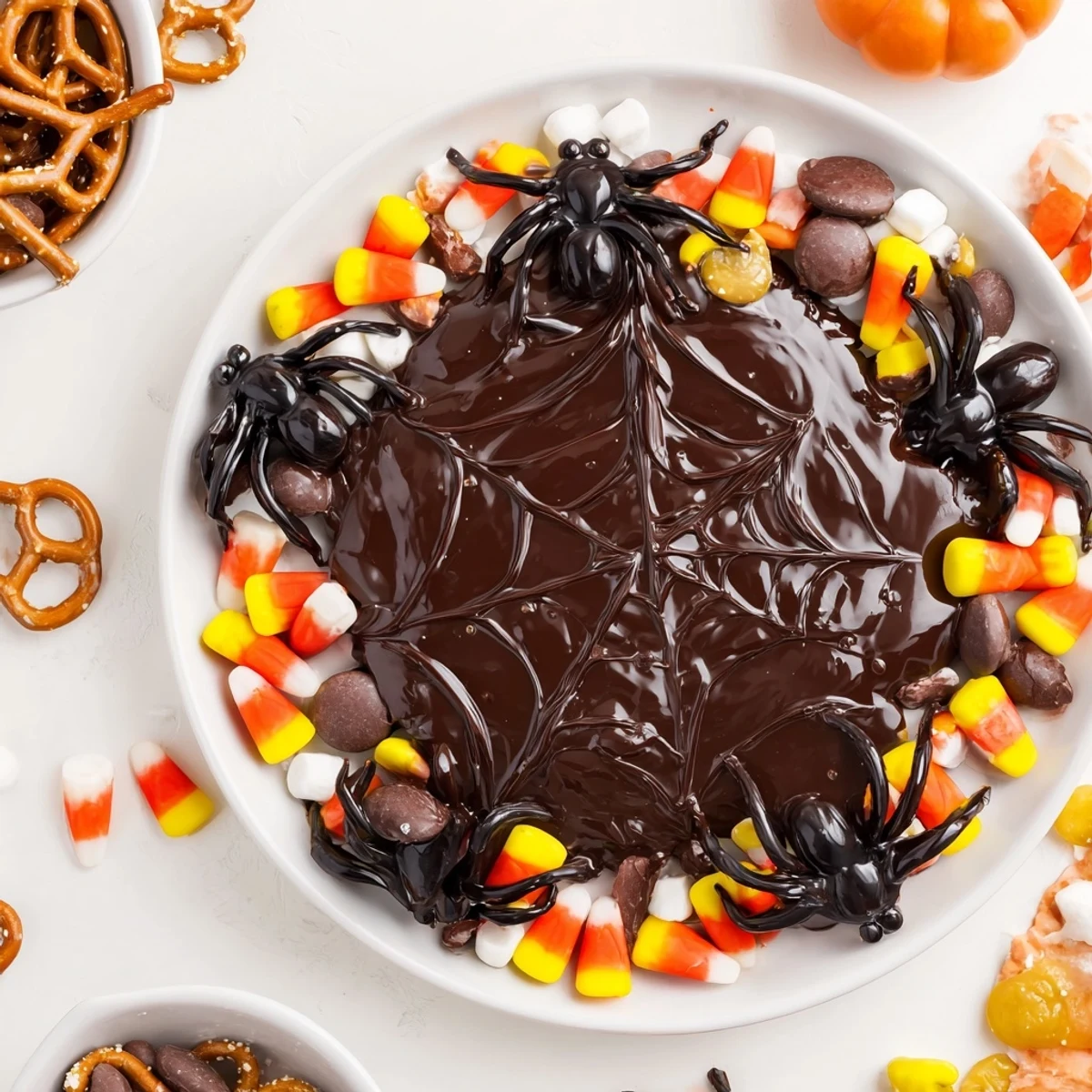 Köstliche Spiderweb Candy Platter, dekoriert mit Gummispinnen und bunten Süßigkeiten, sieht verlockend aus.