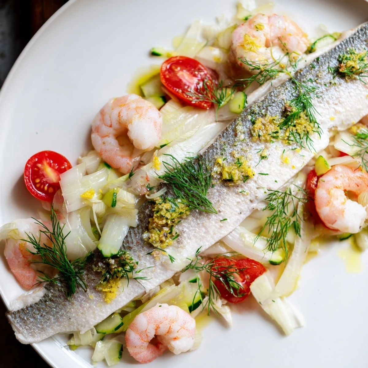 Ein Teller dampfendes Plongeons dans lOcéan Poisson Bleu: zarter Fisch, Gemüse, und ein Hauch Zitrone.