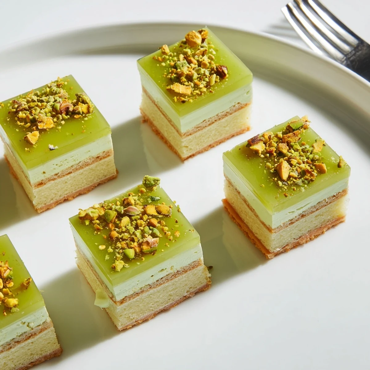 Elegant Grenouille Royale Petits Fours, bite-sized French cakes with pistachio cream and a citrus glaze.