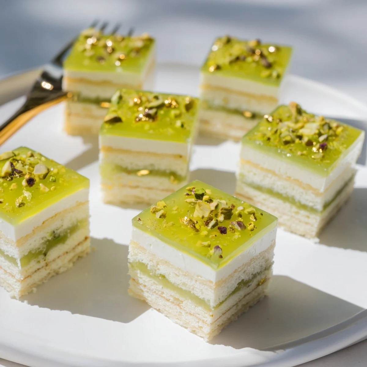 Delicate layers visible on Grenouille Royale Petits Fours, showing a light almond sponge and glaze detail.