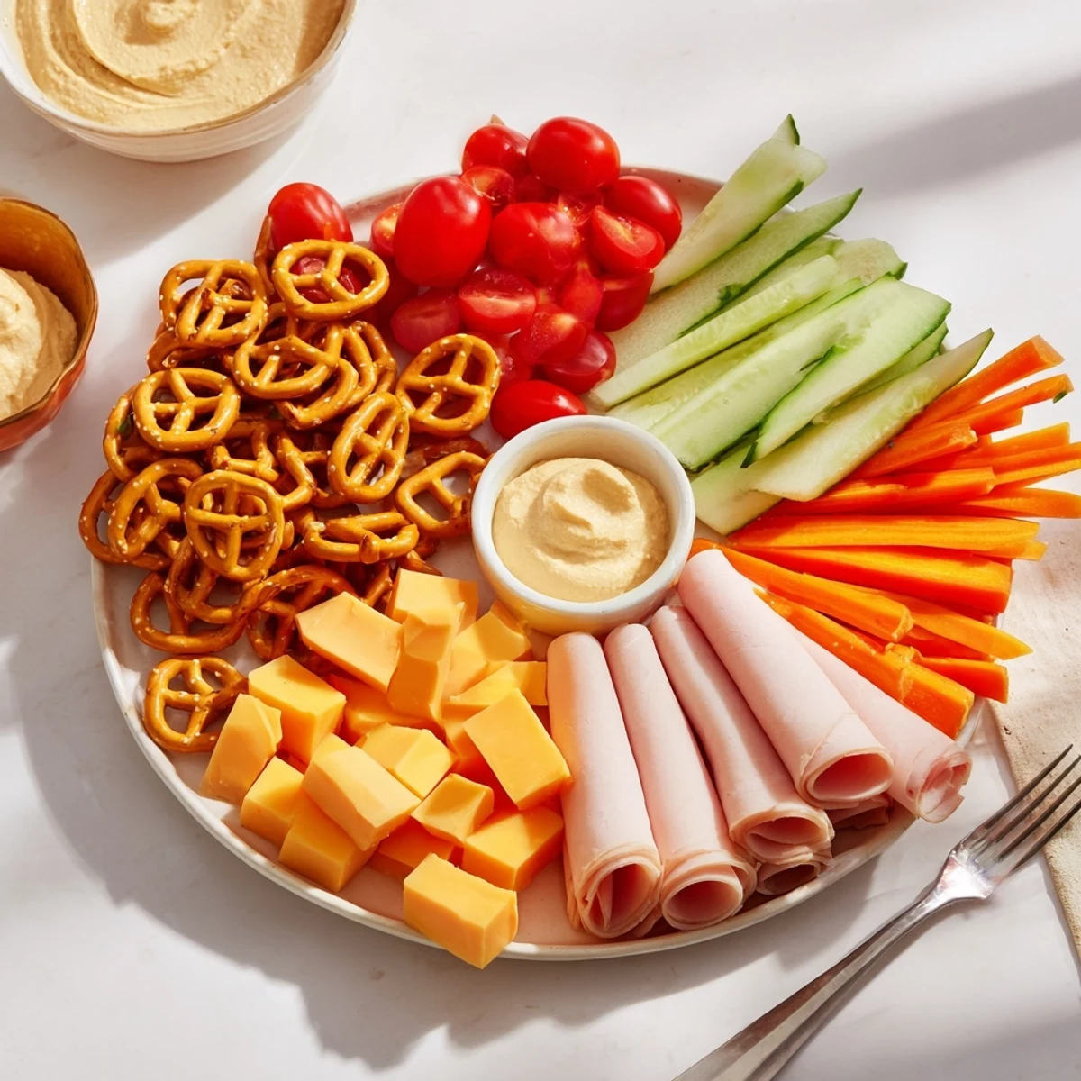 Vibrant image of a Renard Rusé Snack Assortment, perfect for sharing, with dips and cheeses.