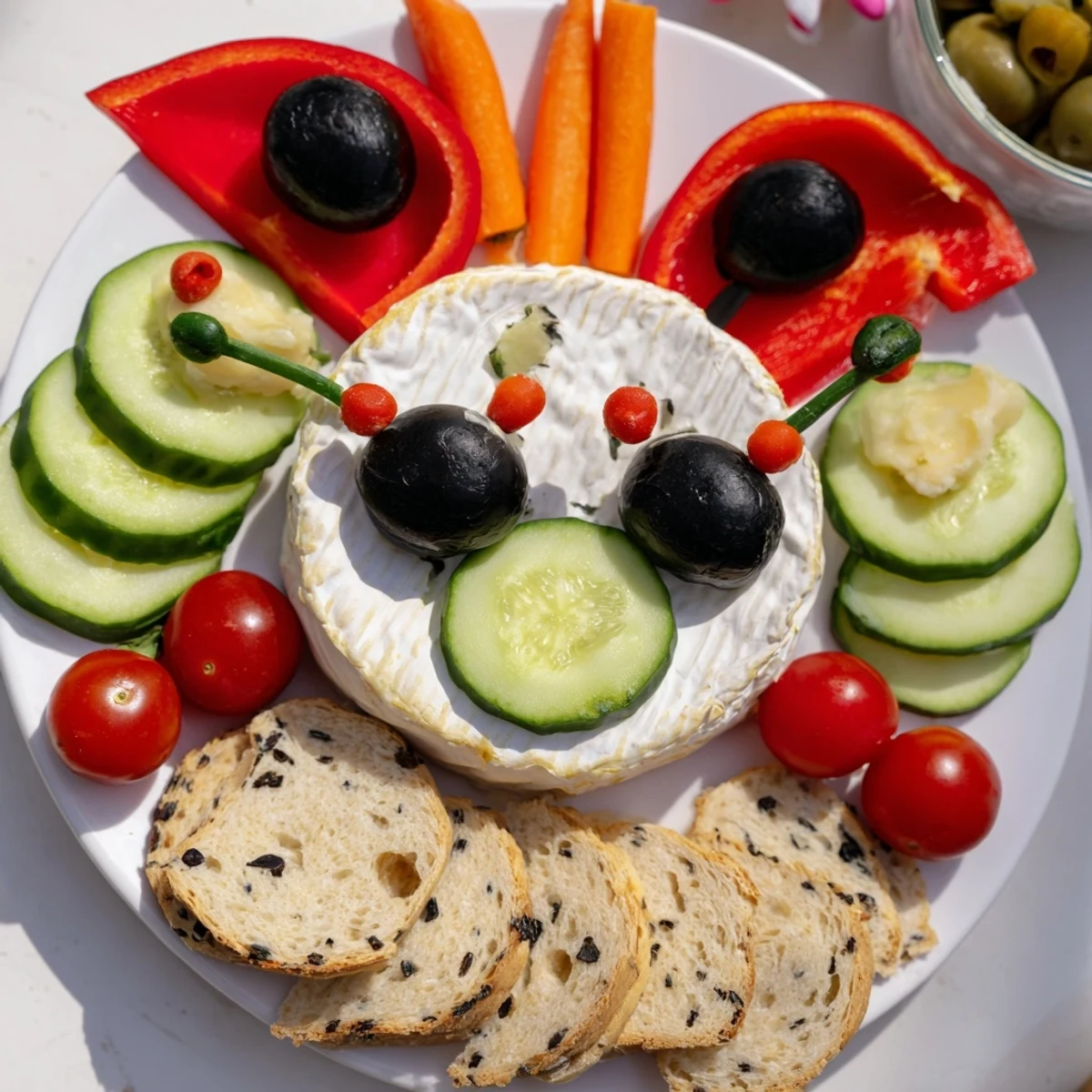 Coccinelle Amusante Planche Pique-Nique: Freshly arranged ladybug picnic platter with colorful veggies and creamy dips.