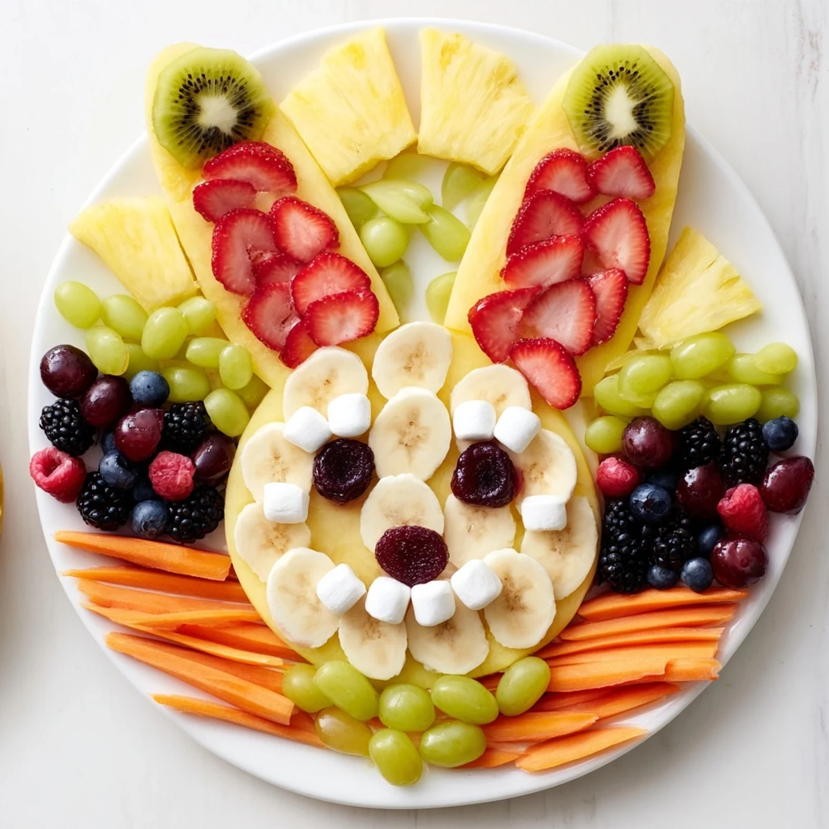 Fresh, vibrant Bunny Face Fruit Salad Platter with bright strawberry and banana details, perfect for brunch.