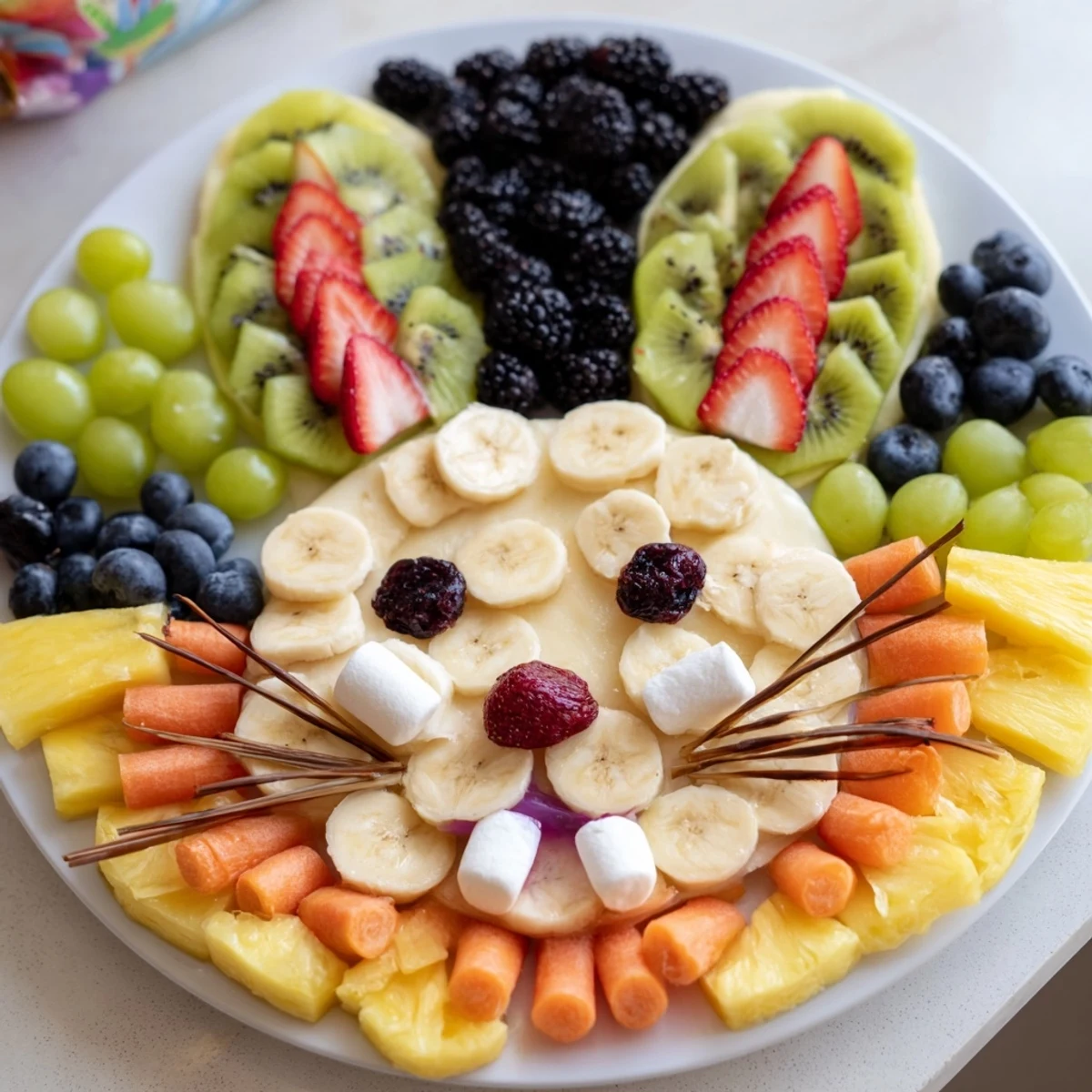 A colorful, whimsical Bunny Face Fruit Salad Platter, featuring blueberries, kiwi, and grapes, ready to be enjoyed.