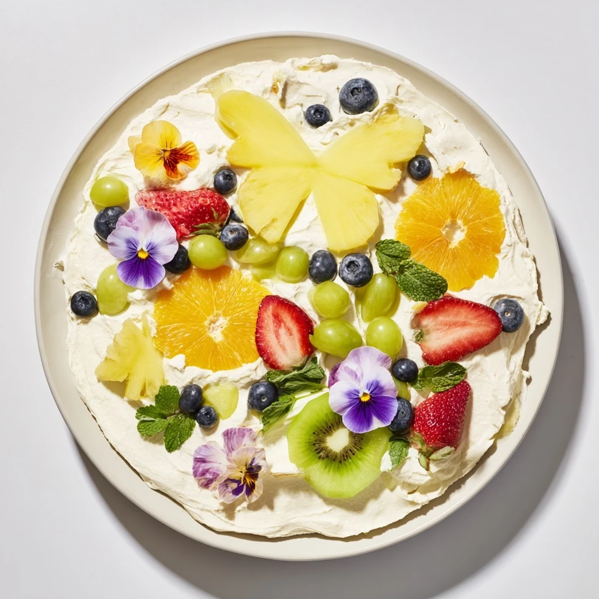 A colorful Butterfly Fruit and Cream Cheese Board bursting with fresh fruit and creamy delights.