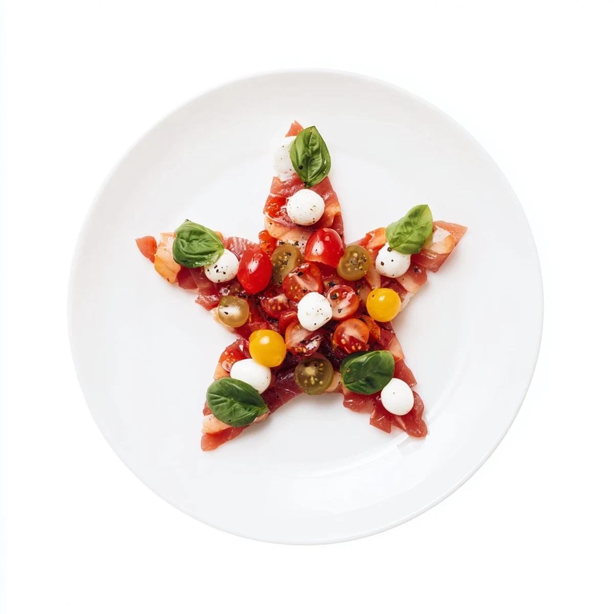 Beautiful Starfish Caprese Salad, a refreshing appetizer with colorful tomatoes and mozzarella.
