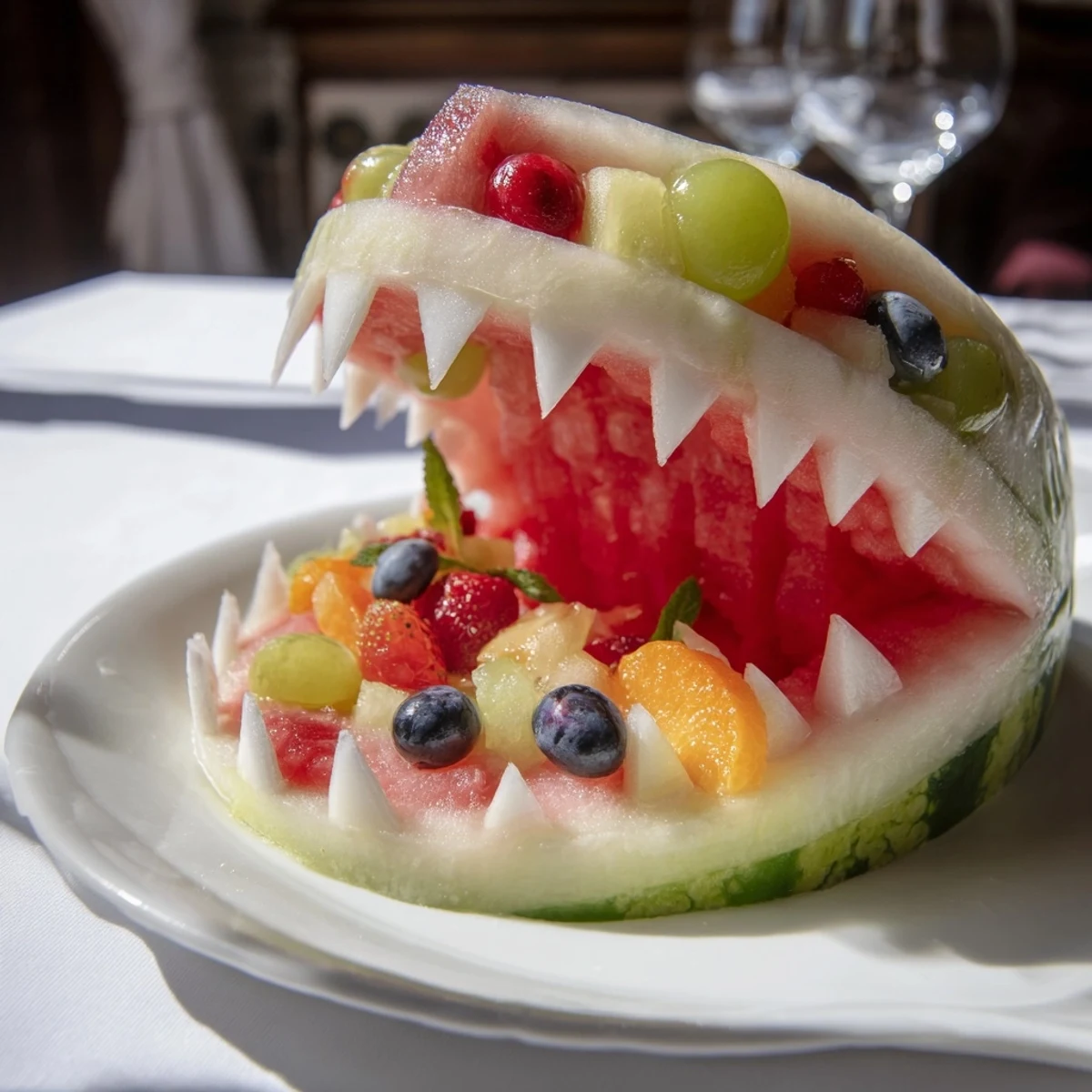 A large, summer Watermelon Shark Bite Board overflowing with fresh, colorful fruit pieces.
