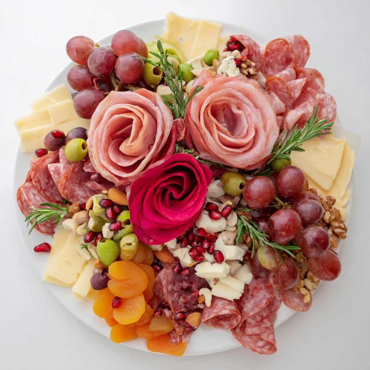 Elegant charcuterie meat rose bouquet arranged with cheese, fruit and nuts for the holidays.