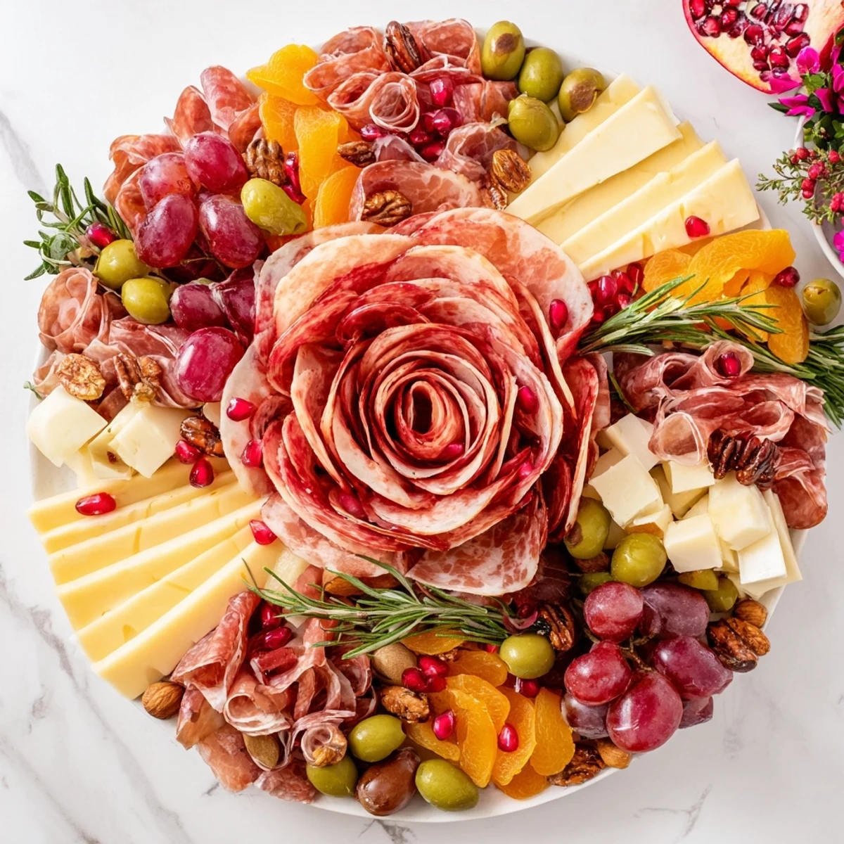 Holiday charcuterie board centerpiece with vibrant meat roses and delicious gourmet cheeses.