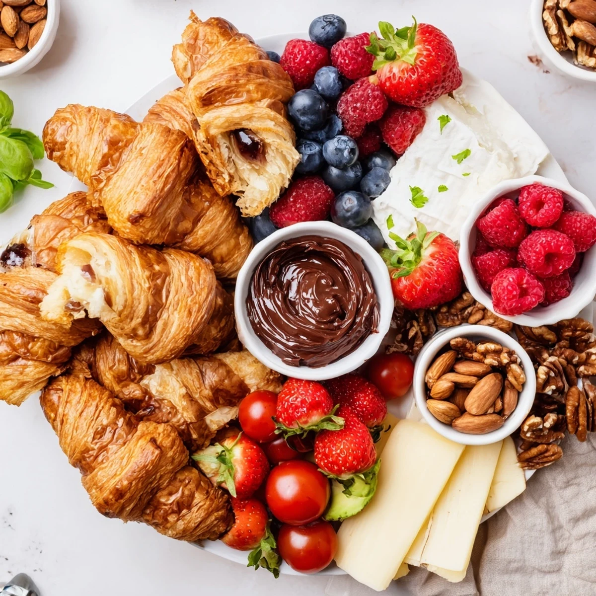 Warm, flaky croissants from the Cozy Fireplace Croissant Board with vibrant berries and cheese.