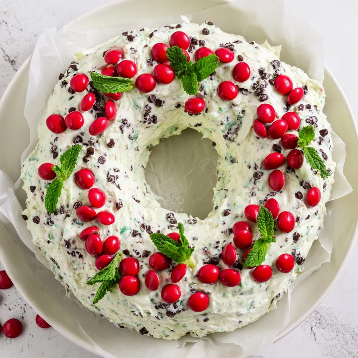 Creamy, festive Mint Chocolate Chip Dip Wreath decorated with bright red candies, perfect for holiday gatherings.