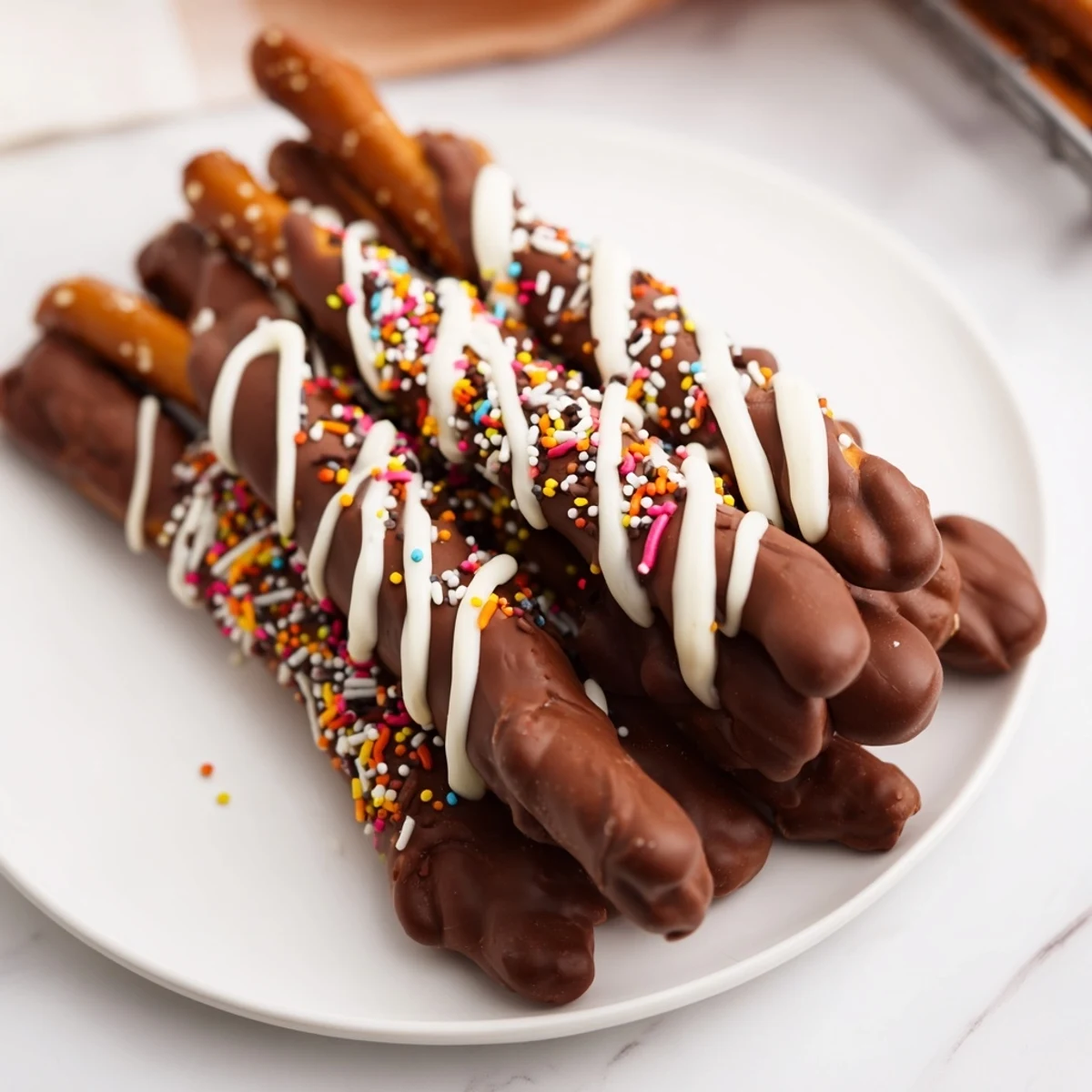 Schokoladen-Brezel-Stäbchen-Türme, geschichtet mit geschmolzener Schokolade und knackigen Brezeln, sehen köstlich aus.