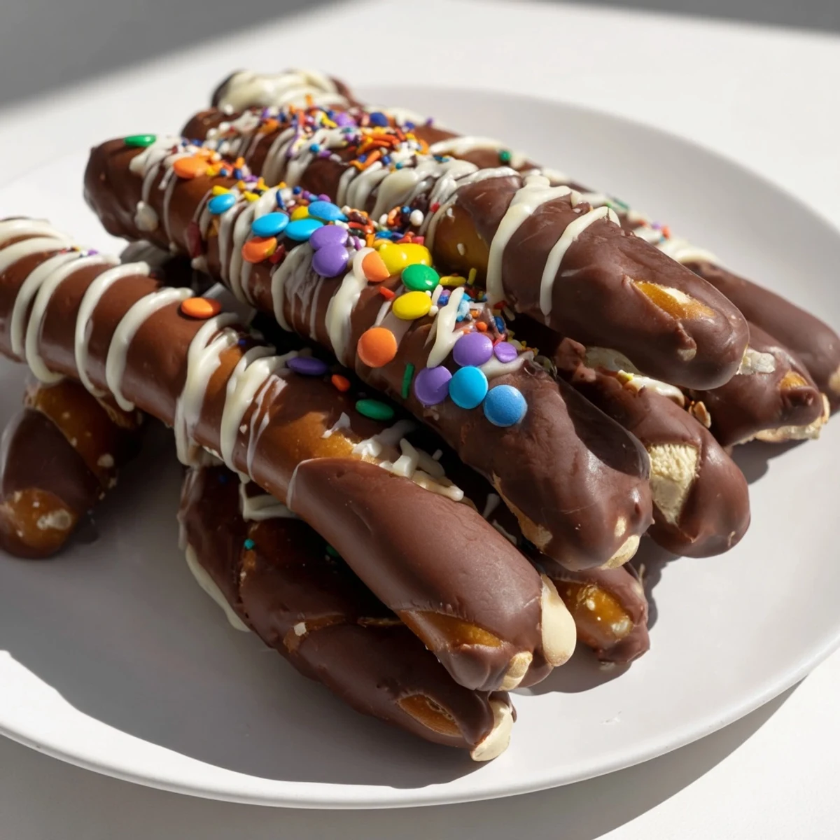 Dieser appetitliche Schokoprätel-Stäbchen-Turm präsentiert eine perfekte Kombination aus süßer Schokolade und salzigen Brezeln.