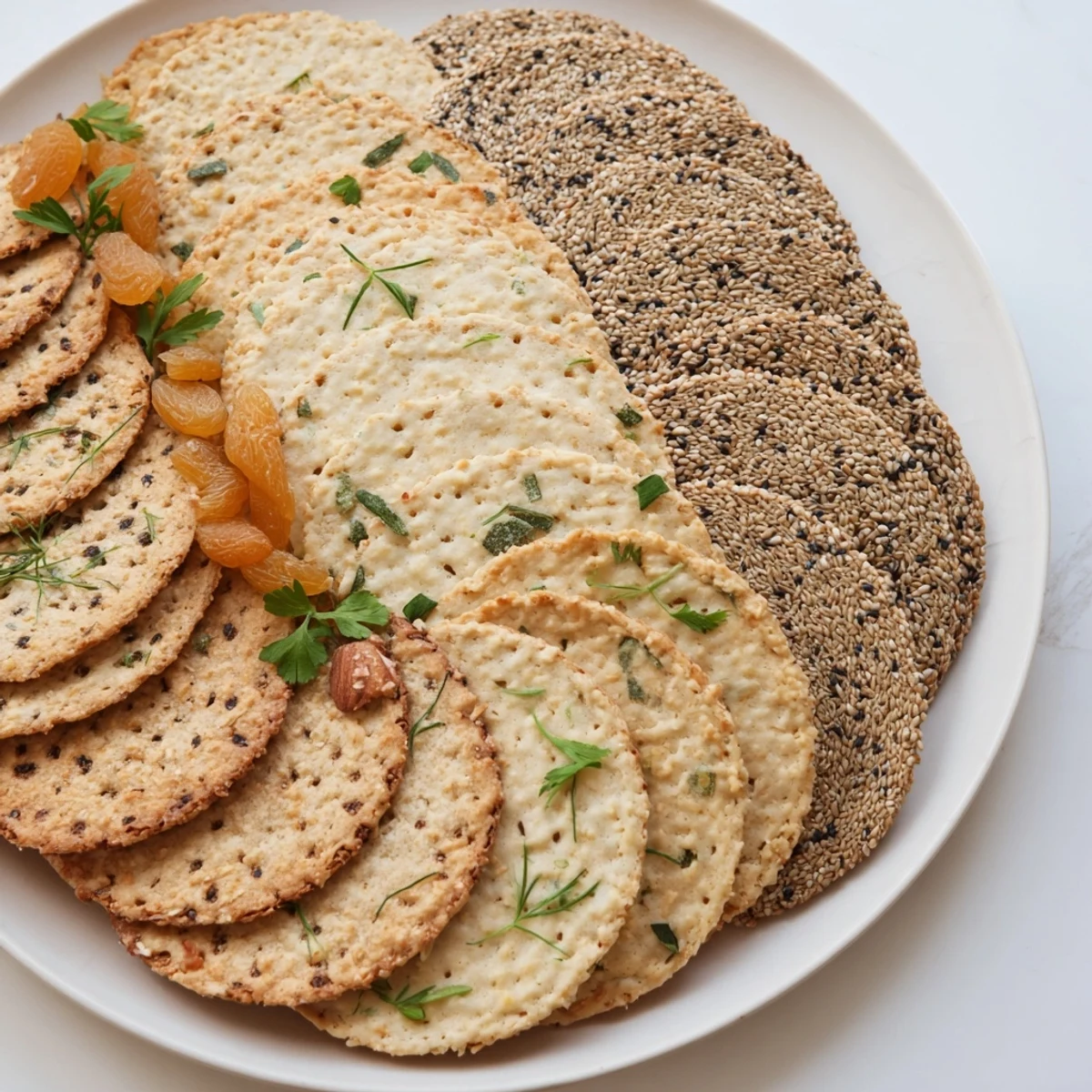Crispy gourmet crackers: A stunning fan of assorted crackers ready for your cheese board.