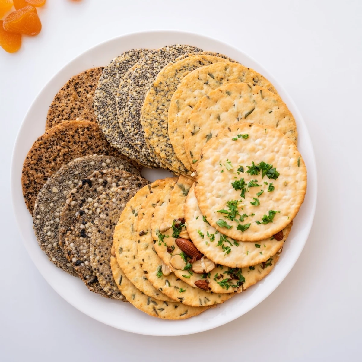 Layered fan of gourmet crackers, featuring sesame, rosemary, and whole grain crackers to enjoy.