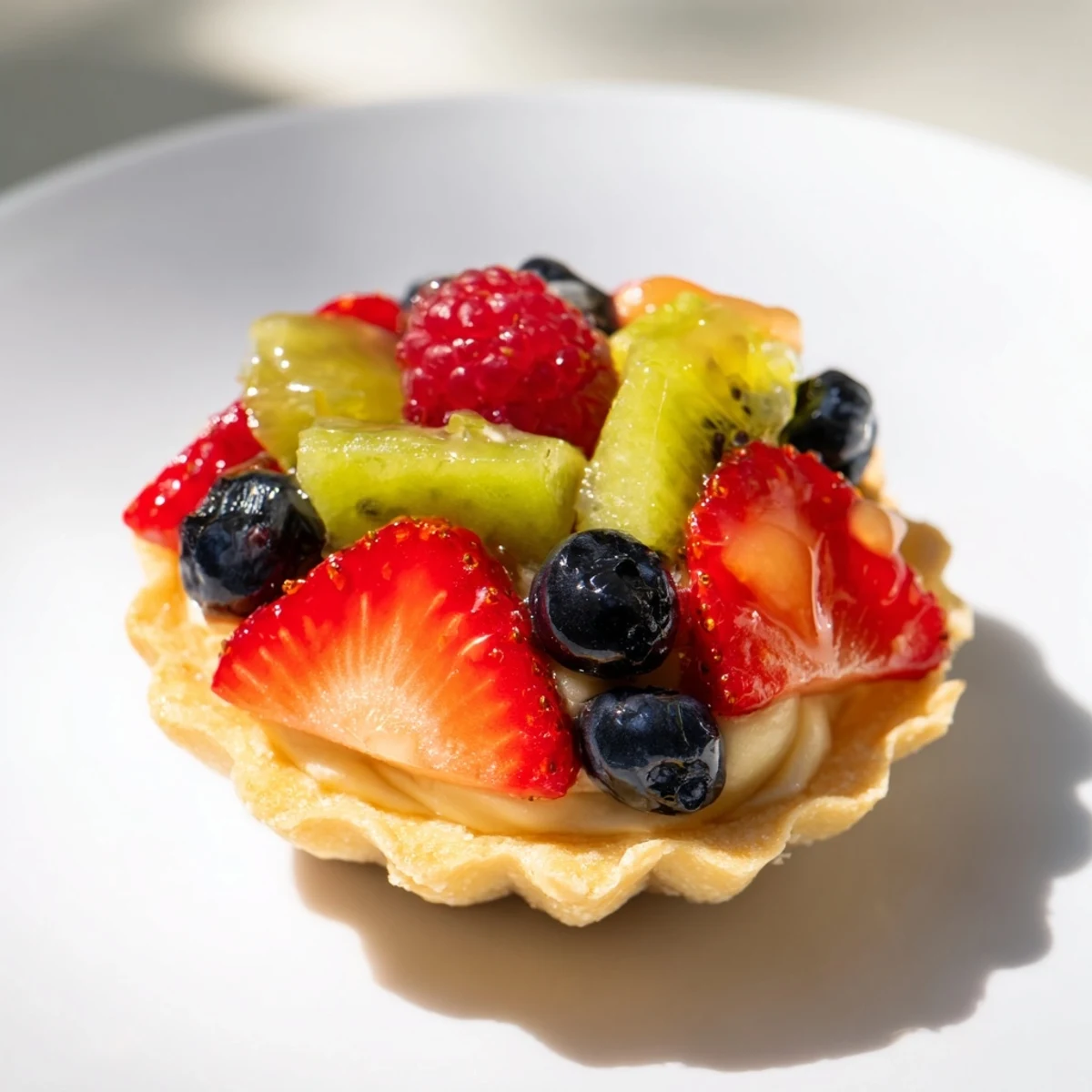 Mini Fruit Tartlets in a Circle Arrangement: Buttery tartlets overflowing with pastry cream and colorful fresh fruit, perfect dessert.