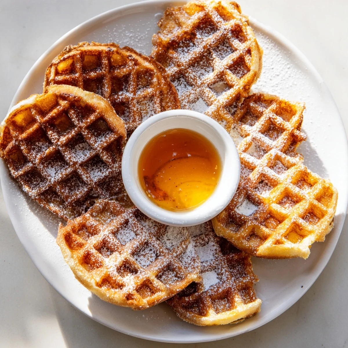 Golden, crispy waffle quarters ready to be dipped into warm maple syrup for a delicious breakfast.