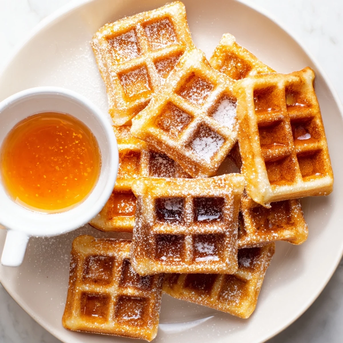 A close-up of buttery, fluffy waffle quarters with a sweet maple syrup dip, a breakfast treat.