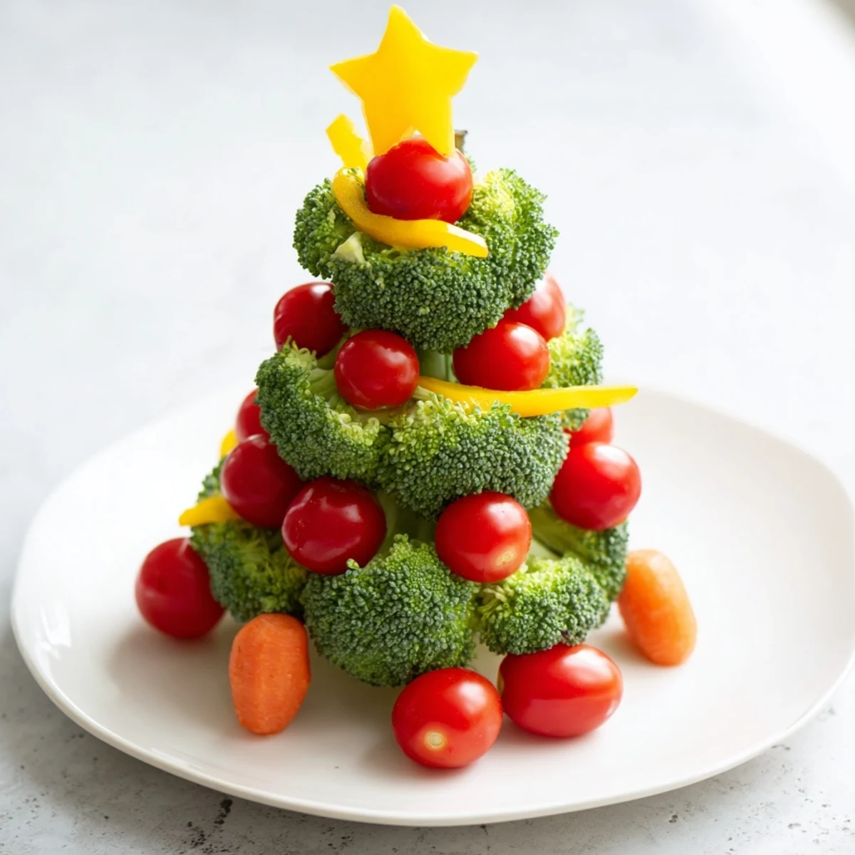 Festive Broccoli Tree with Cherry Tomato ornaments, a colorful, healthy appetizer ready to serve.