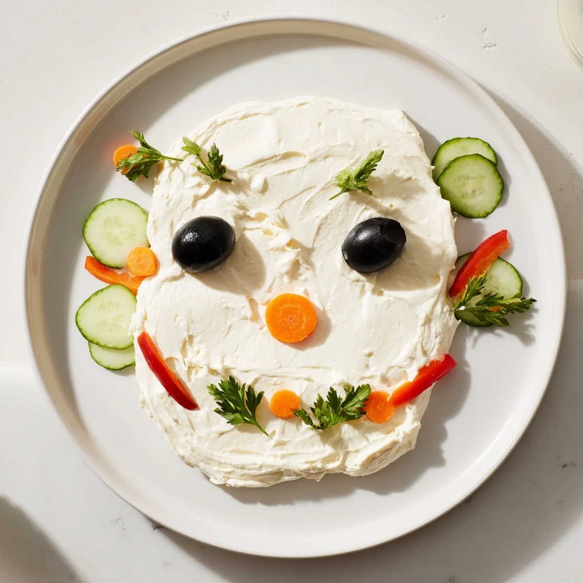 A creamy Skull & Bones Spooky Spread appetizer with fresh cut vegetables forming a smiling skull.