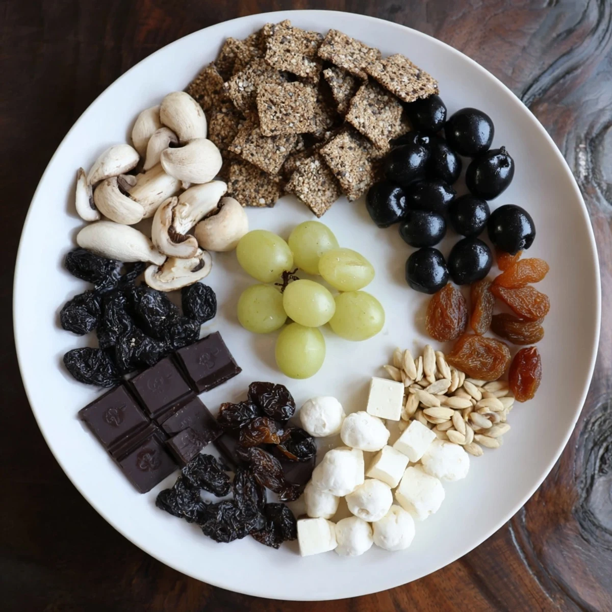 Yin and Yang balance board with dark olives, cheese, and fruit, ready to serve as an appetizer.
