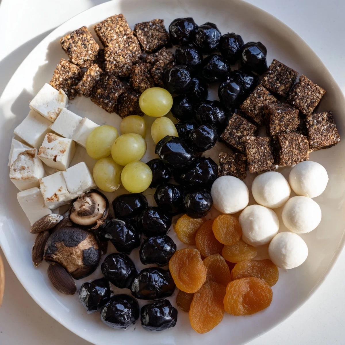 A beautiful Yin and Yang balance board appetizer offers a delicious mix of sweet and savory tastes.