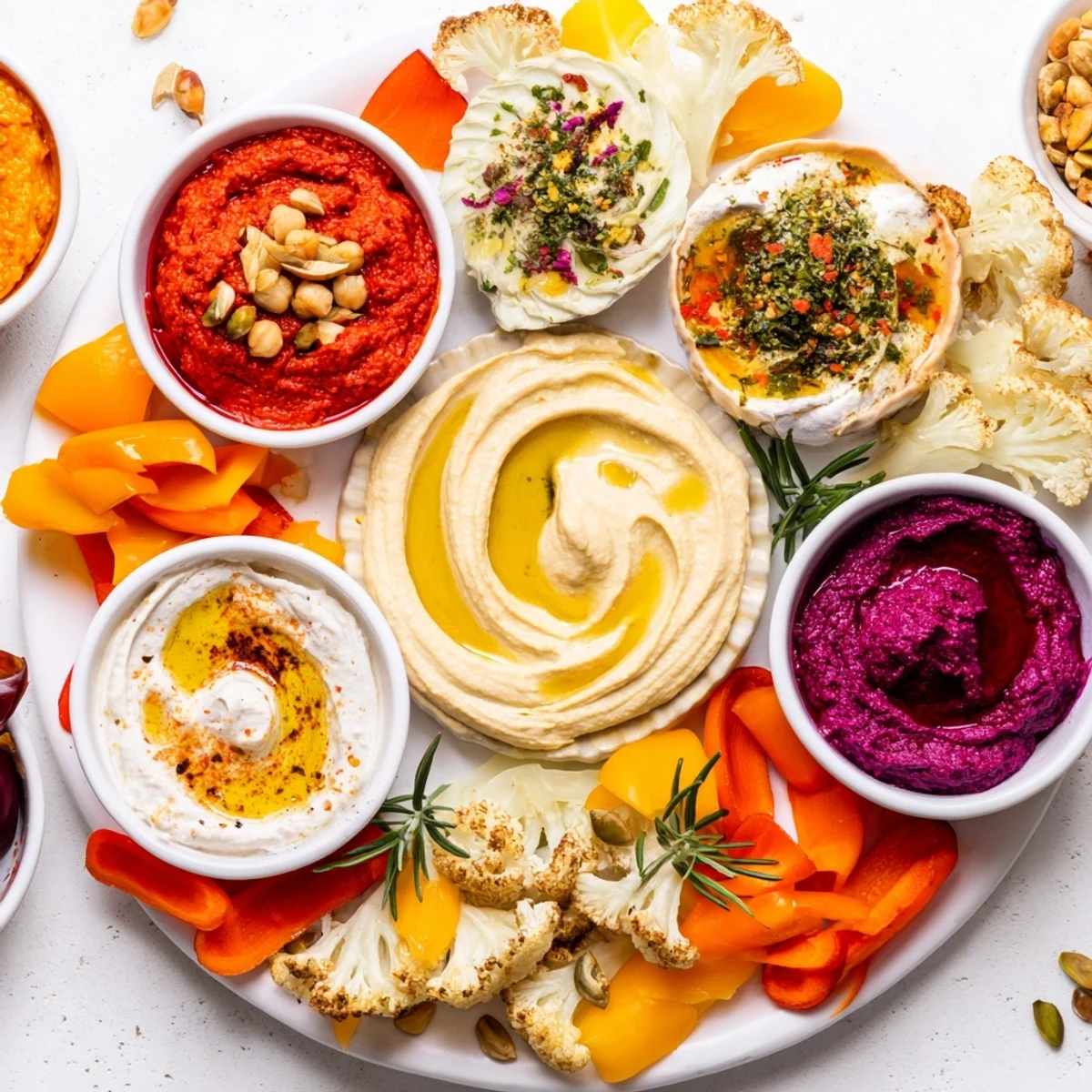 A colorful Moroccan Tile Mosaic appetizer arranged on a serving board with various flavorful dips and olives.