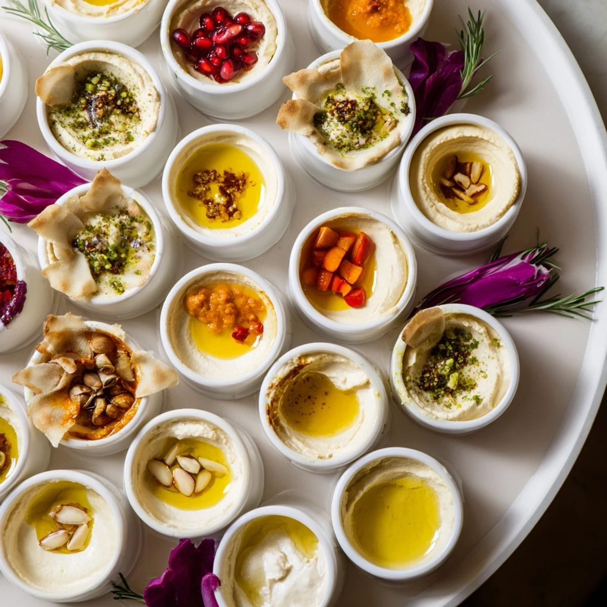 A close-up shot of a stunning Moroccan Tile Mosaic, featuring delicious dips, nuts, and toasted bread.