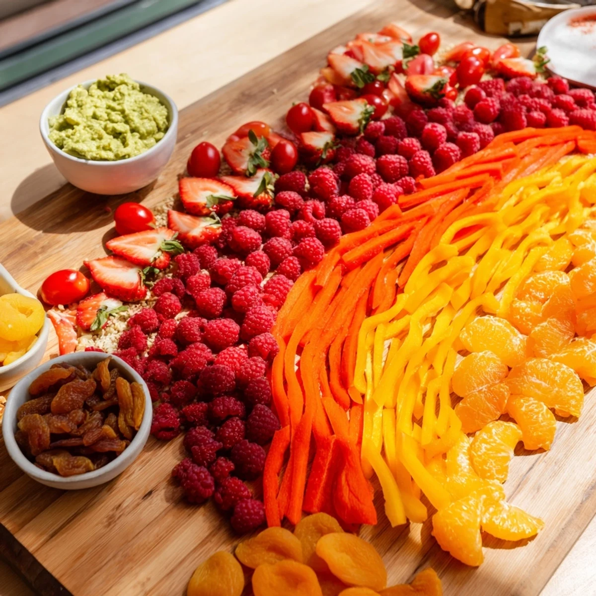 Beautifully arranged Rainbow Pride Spectrum appetizer board, ready to celebrate with fresh flavors.