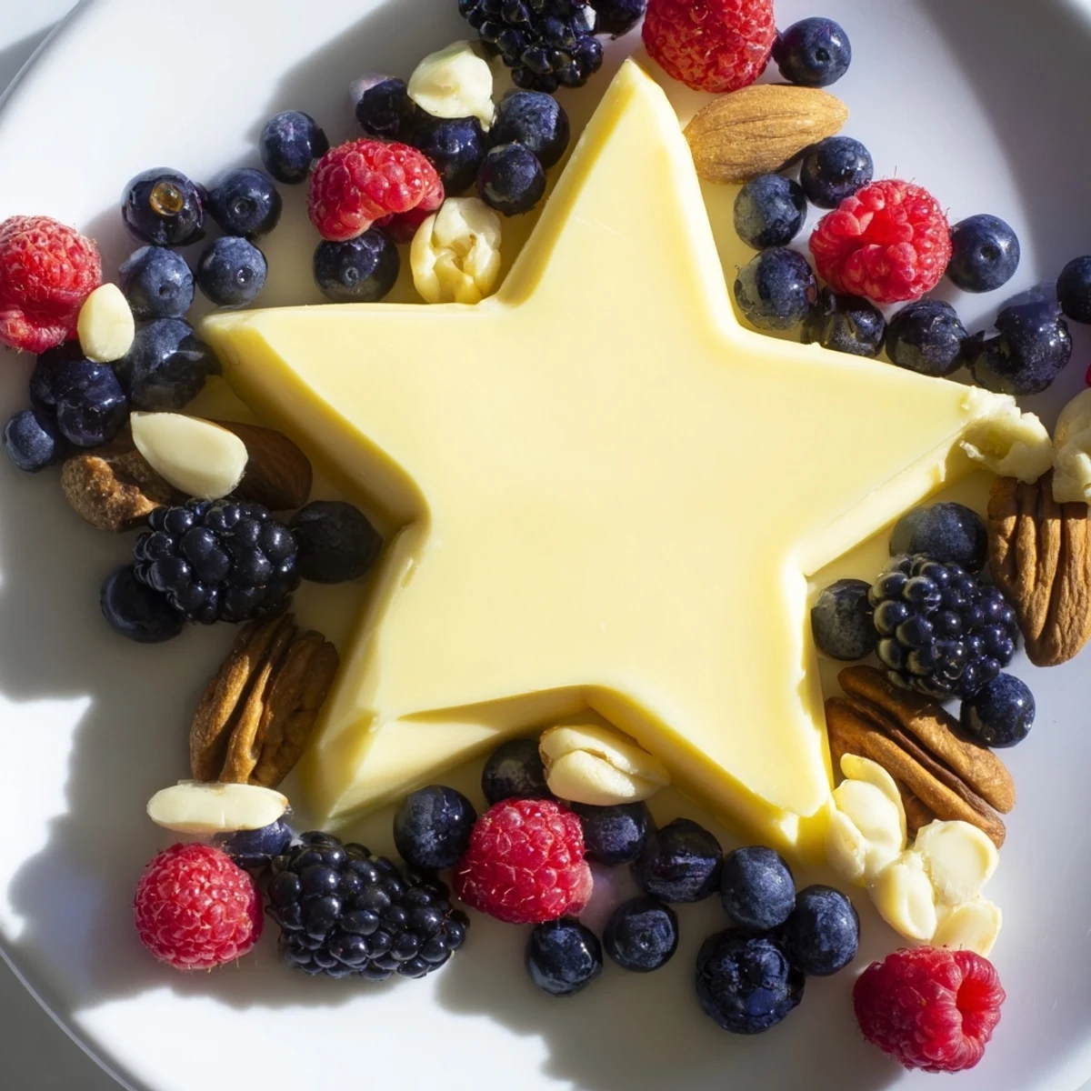 Arrangement of a shooting star cheese board with nuts and fruits, perfect for parties.
