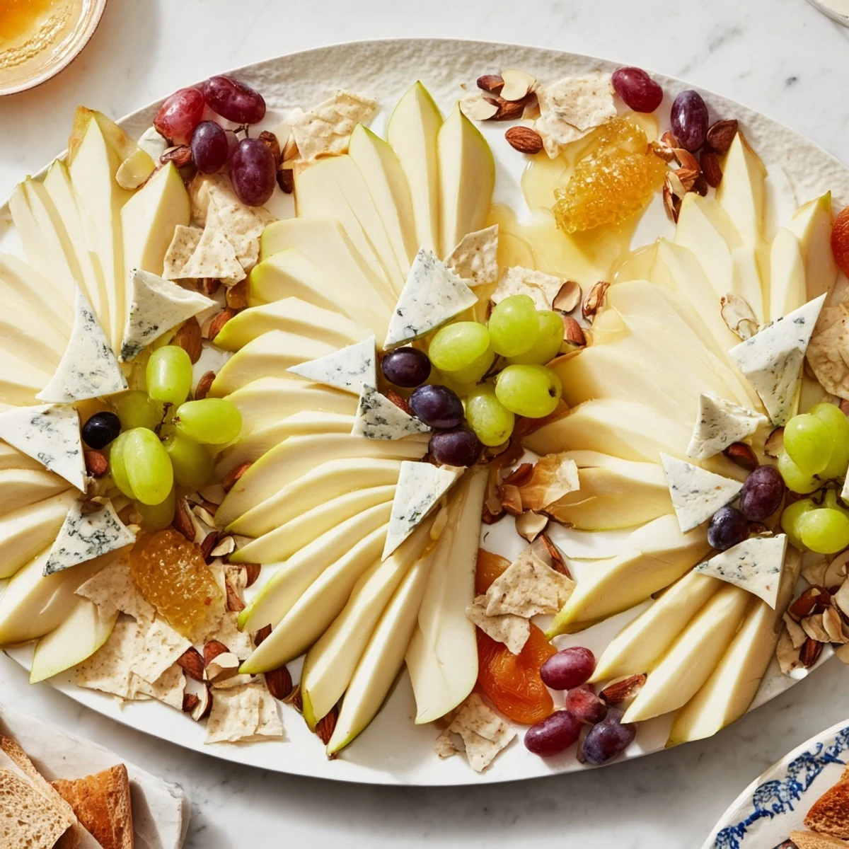 A visually appealing Art Deco Arch Cheese Platter with layered cheese arches, grapes, and nuts.