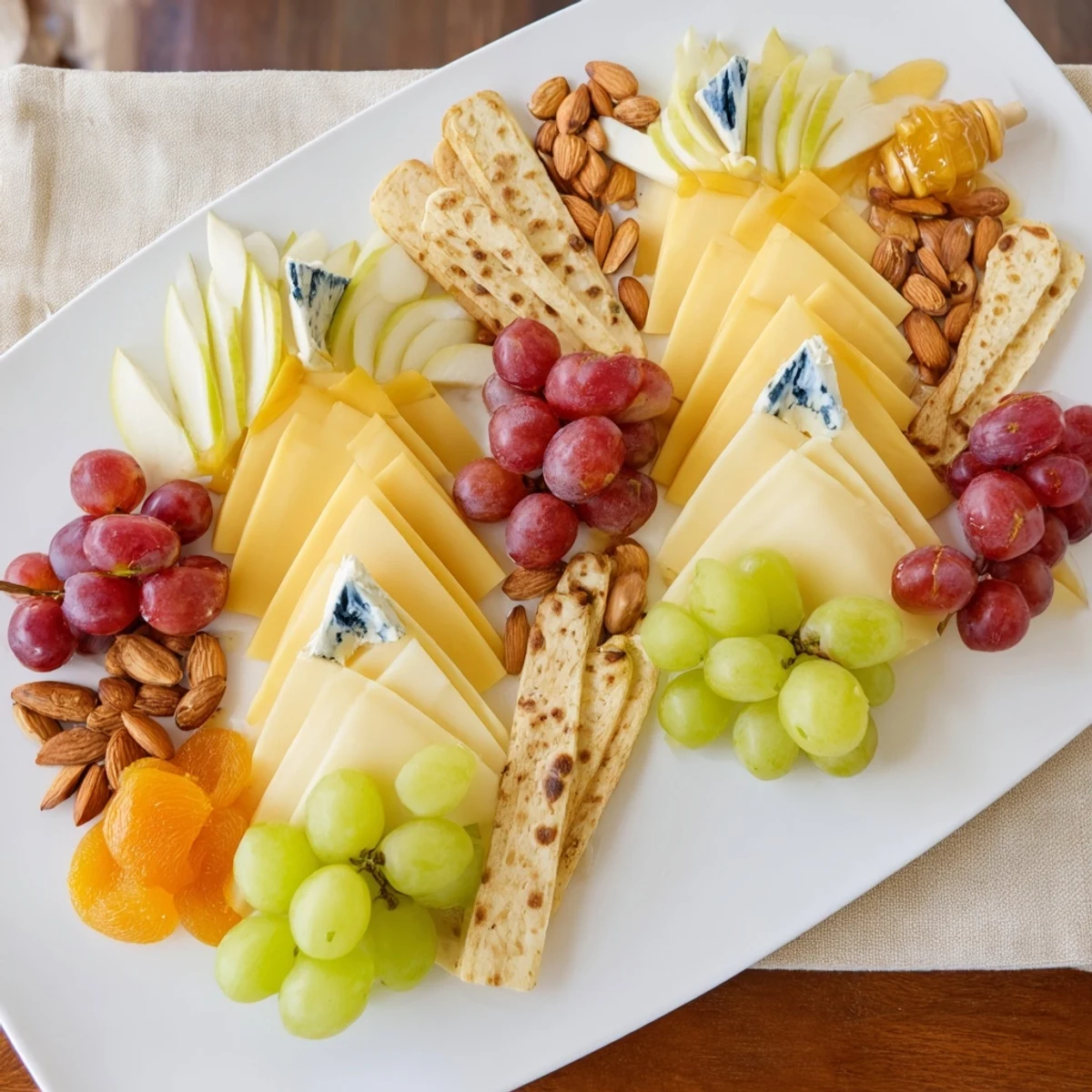 Symmetrical cheese and fruit arrangement of the Art Deco Arch Cheese Platter, ready for your guests.