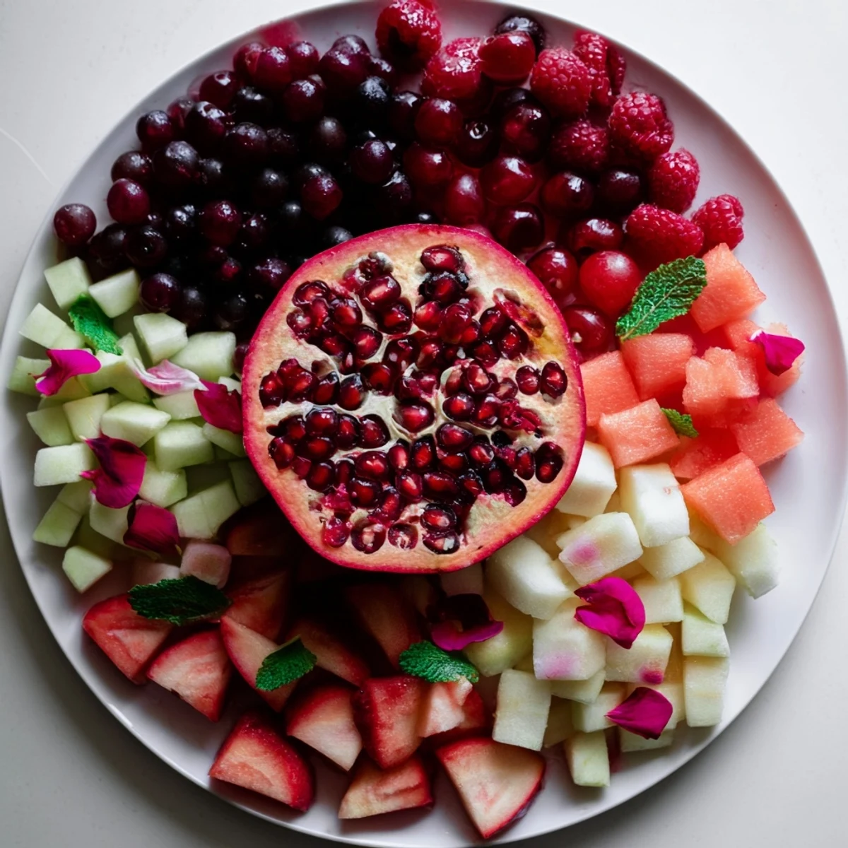A vibrant pomegranate platter, showcasing a beautiful arrangement of fresh red and pink fruits.