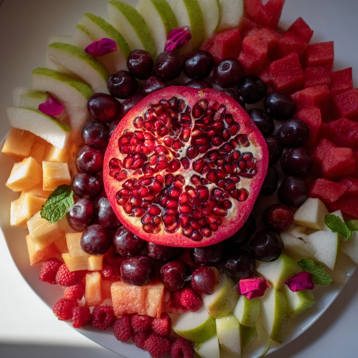 The Pomegranate Pivot fruit platter boasts an array of colorful, refreshing fruits perfect for serving.