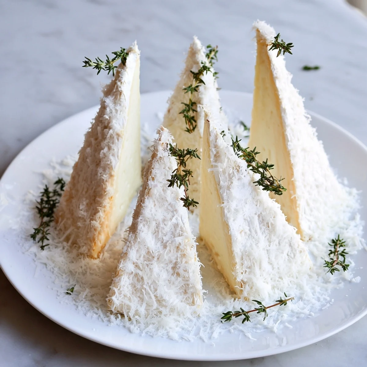 Snowcapped Range appetizer featuring Brie wedges dusted with snowy Parmesan for an elegant party snack.