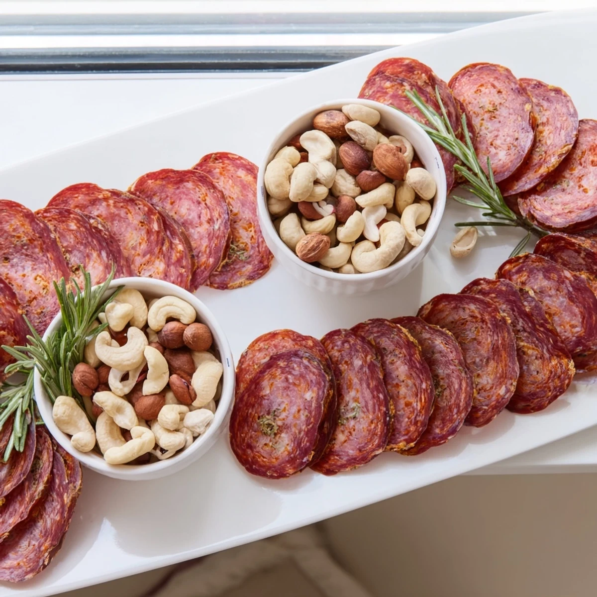 A visually appealing The Infinity Loop appetizer with salami artfully looped around mixed nuts.