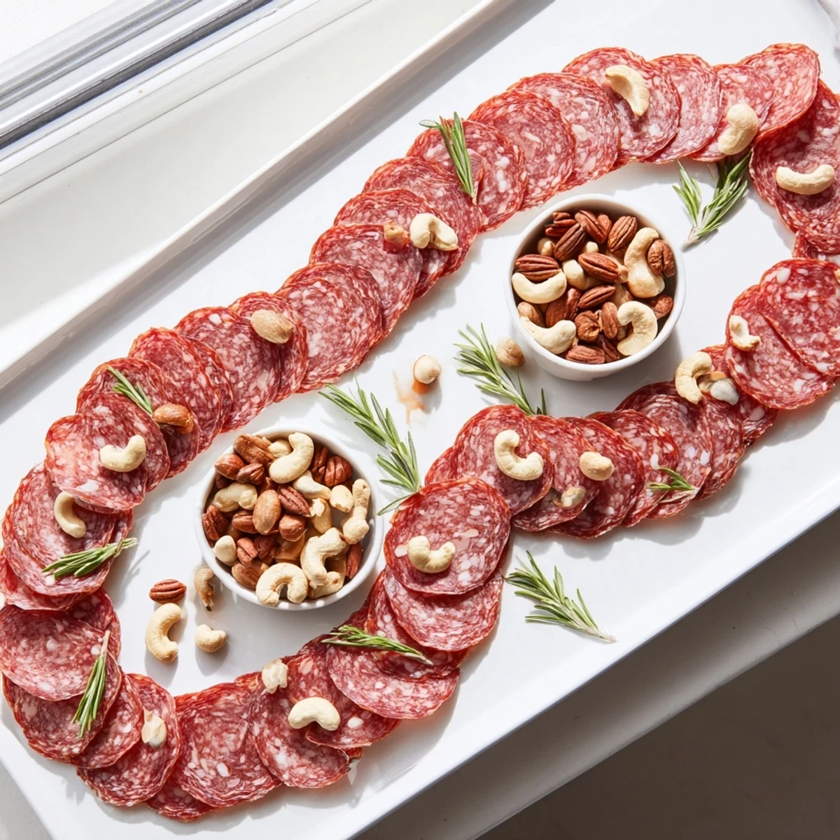 The Infinity Loop appetizer offering a delightful pairing of salty salami and crunchy mixed nuts, ready to serve.