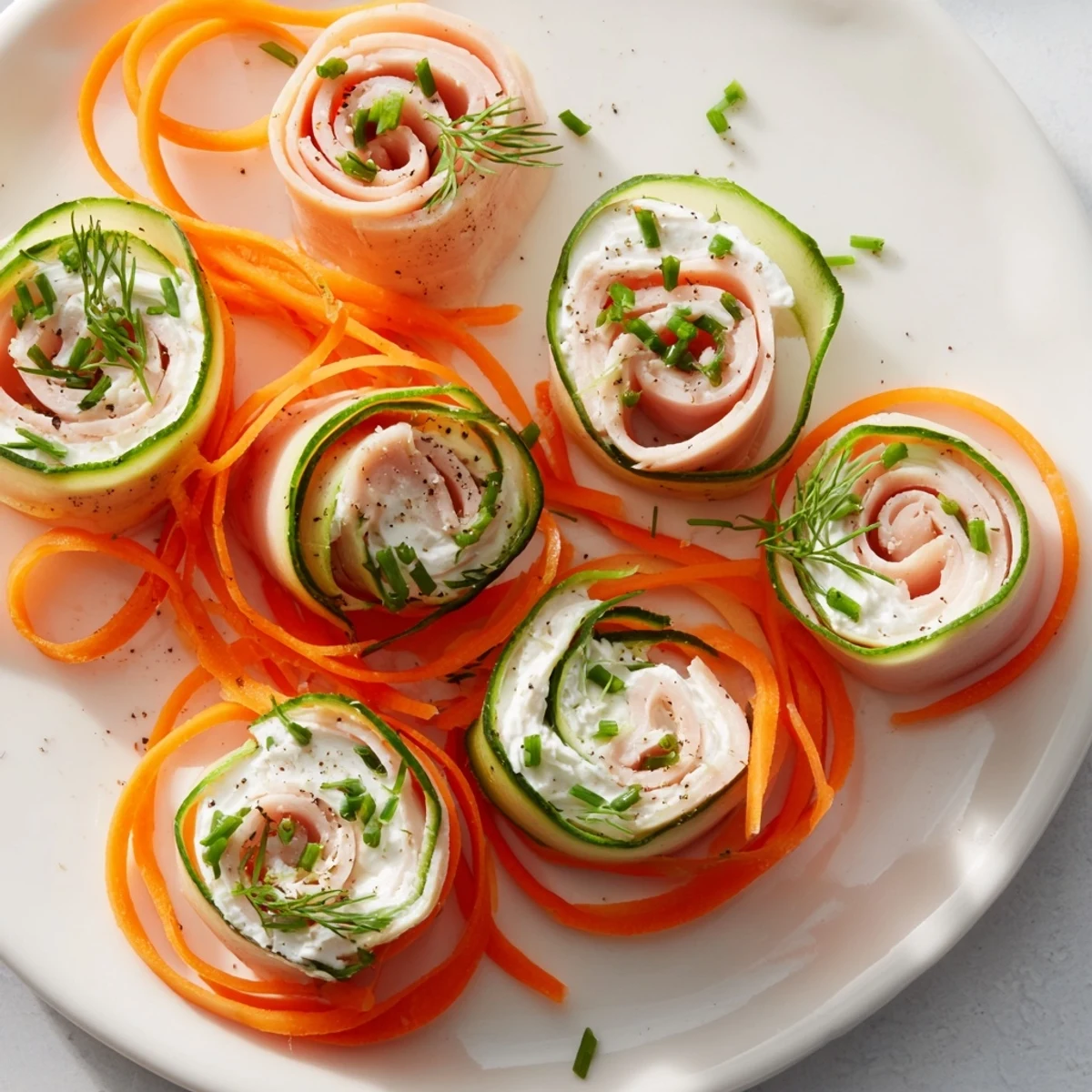 Vibrant, colorful "Ribbon Dancer" appetizer featuring spiraled carrots and smoked turkey rolls, ready to serve.