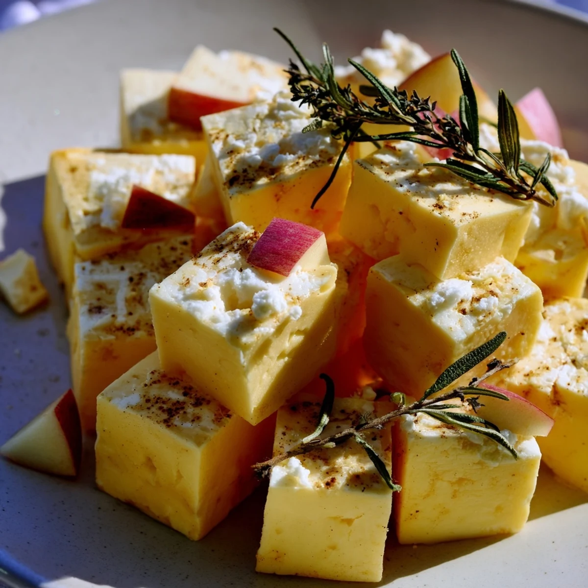 Image of The Autumn Ember appetizer: smoked paprika-dusted cheeses and vibrant red apples arranged beautifully.