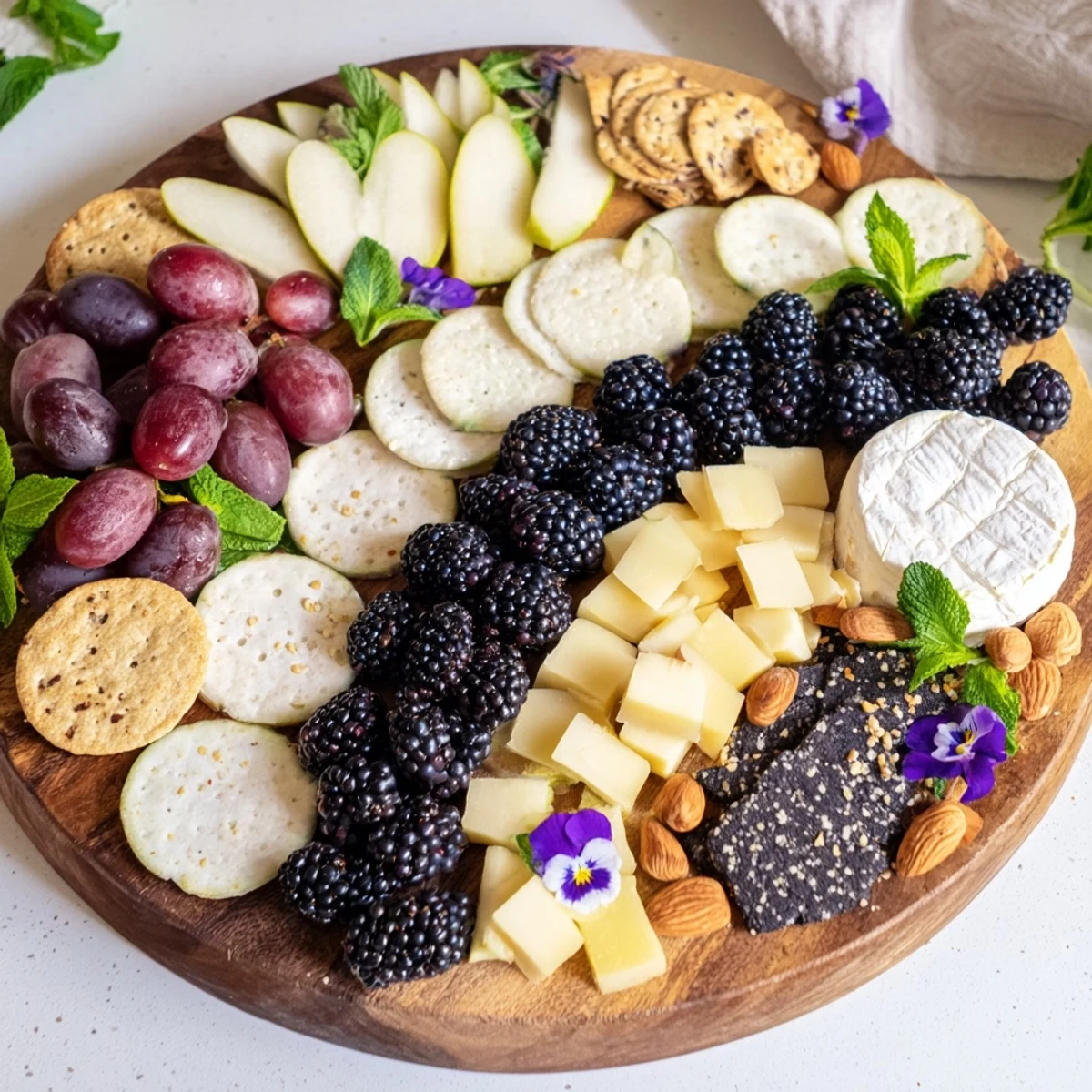 Fresh blackberries divide the elegant Yin-Yang Balance, with light cheeses, fruits, and crackers arranged artfully.