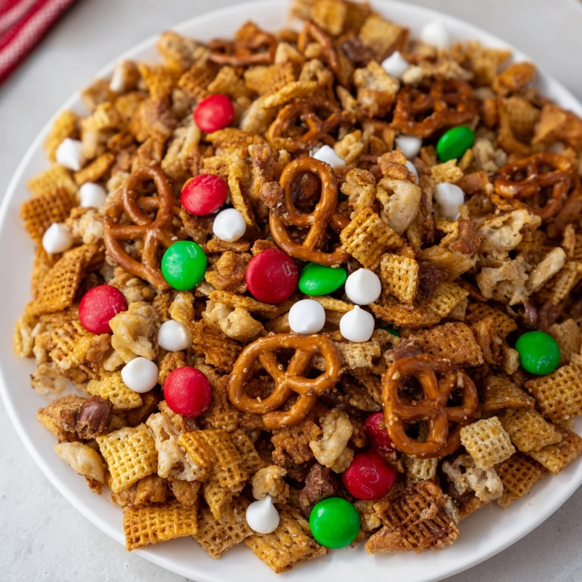 Festive Holiday Mix in a vibrant bowl, a delicious sweet and salty snack for the holidays.