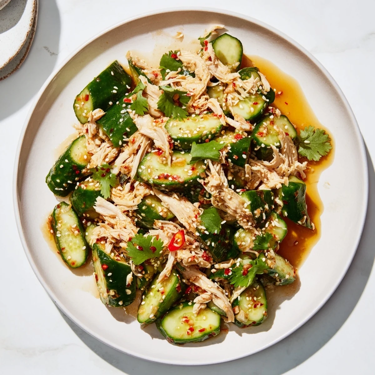 Crisp whole cucumber Logan salad with juicy rotisserie chicken, ready to serve.